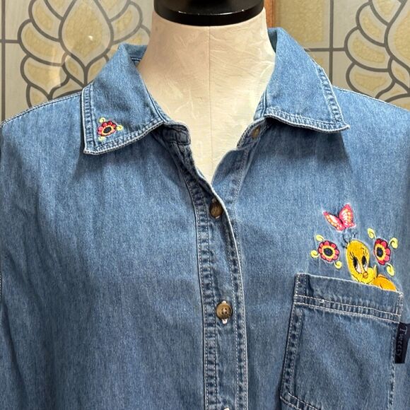Looney Tunes Vintage Y2K Tweety Bird Sleeveless Denim Button Up Woman's Size 24W - Picture 4 of 9